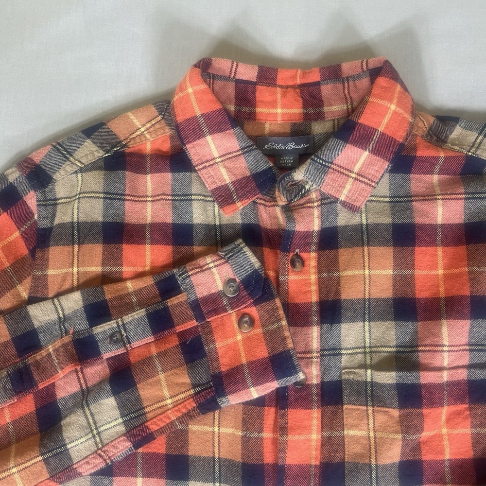 Eddie Bauer Flannel Shirt Mens Small Plaid Button Up Long Sleeve Red Orange
